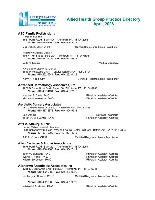 Allied Health Group Practice Directory April, 2008 - Medical Staff ...