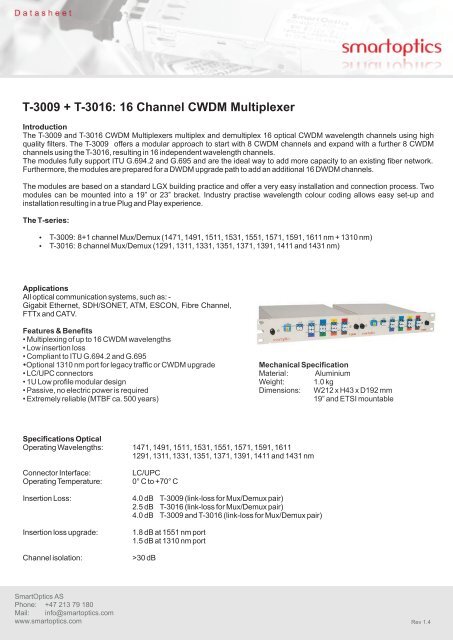 T-3009 + T-3016: 16 Channel CWDM Multiplexer - SmartOptics