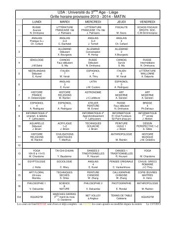 LiÃ¨ge Grille horaire provisoire 2013 - 2014 - U3A