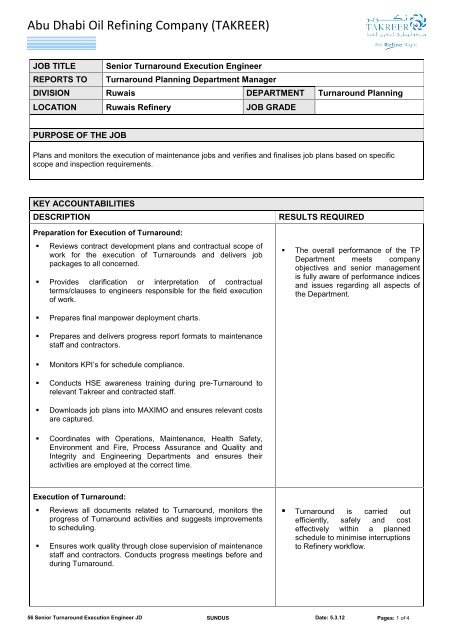 Abu Dhabi Oil Refining Company (TAKREER) - thinkplusmanpower ...