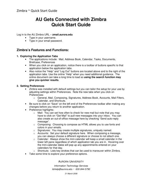 AU Gets Connected with Zimbra Quick Start Guide - Aurora University