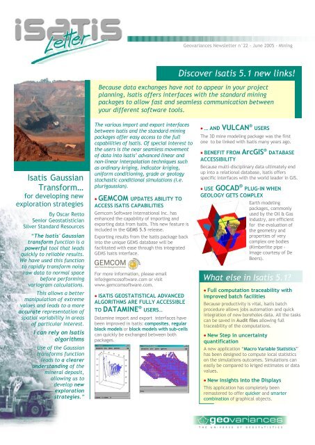 Isatis Program Discover Isatis 5.1 new links! - Geovariances