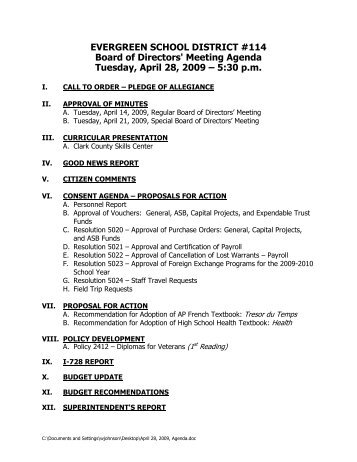 Meeting Agenda Tuesday, April 28, 2009 â€“ 5:30 pm - Evergreen ...
