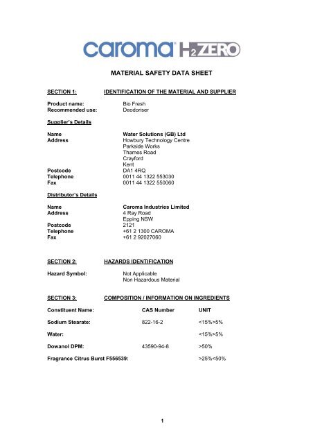 Bio Fresh MSDS - WaterWise Technologies