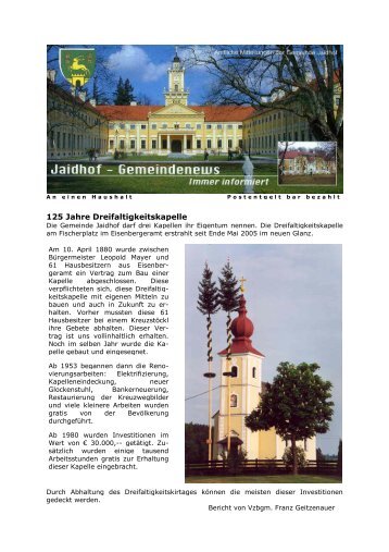 125 Jahre Dreifaltigkeitskapelle - Gemeinde Jaidhof