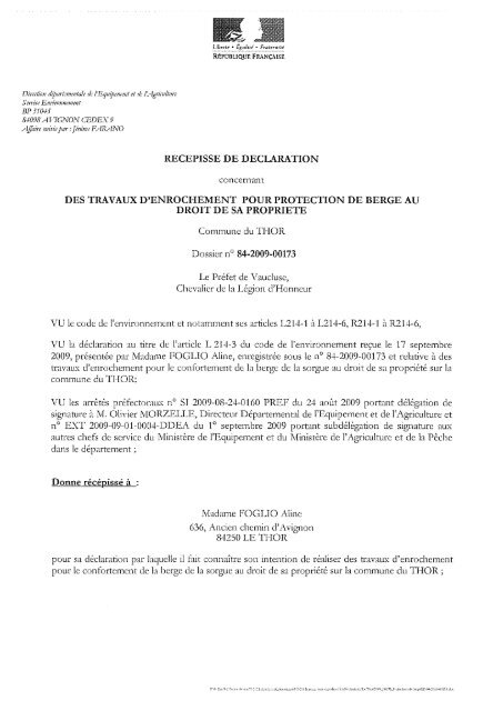 recepisse de declaration des travaux d'enrochement pour protection ...