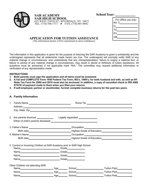 Application for Tuition Assistance - SAR Academy