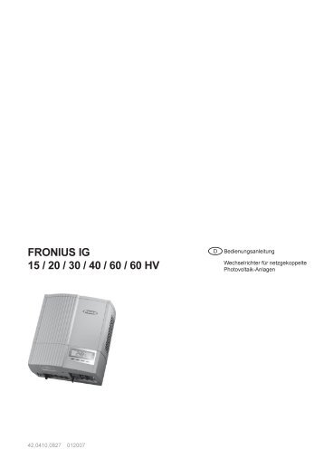 Bedienungsanleitung Fronius IG 15 - 60 HV - Gerenda Solar