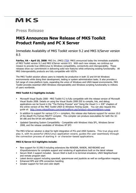 Press Release MKS Announces New Release of ... - MKS Software