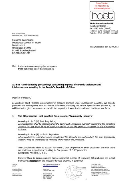Statement Holst Porzellan GmbH, 26.09.2012 to the Commission