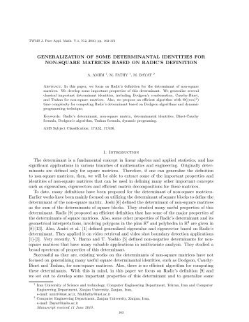 GENERALIZATION OF SOME DETERMINANTAL IDENTITIES FOR ...