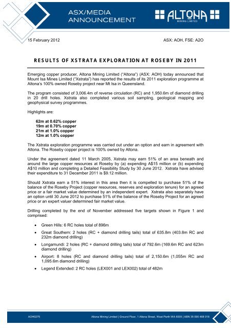 Results of Xstrata Exploration at Roseby in 2011.pdf - Altona Mining