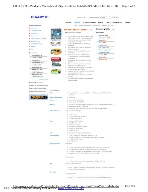 Page 1 of 2 GIGABYTE - Product - Motherboard - Specification - GA ...