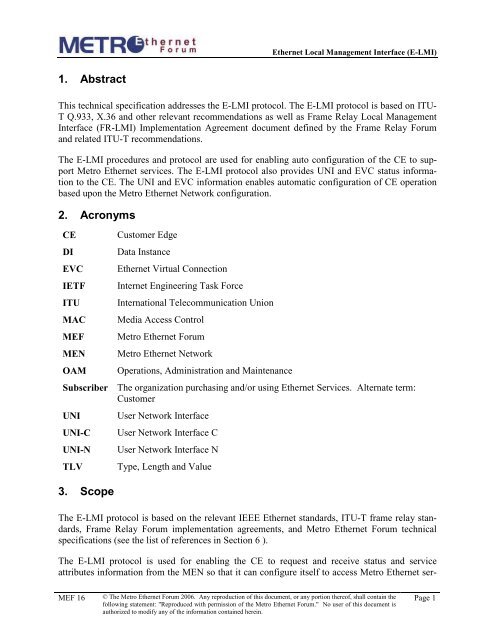 Technical Specification MEF 16 Ethernet Local Management Interface