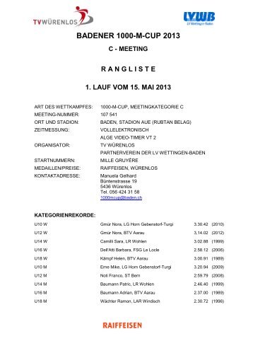 Rangliste 1. Lauf - LV Wettingen-Baden