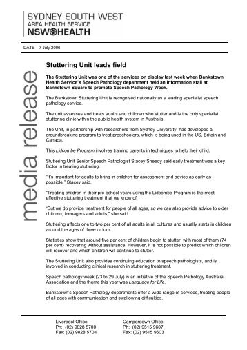 Stuttering Unit leads field - Sydney South West Area Health Service