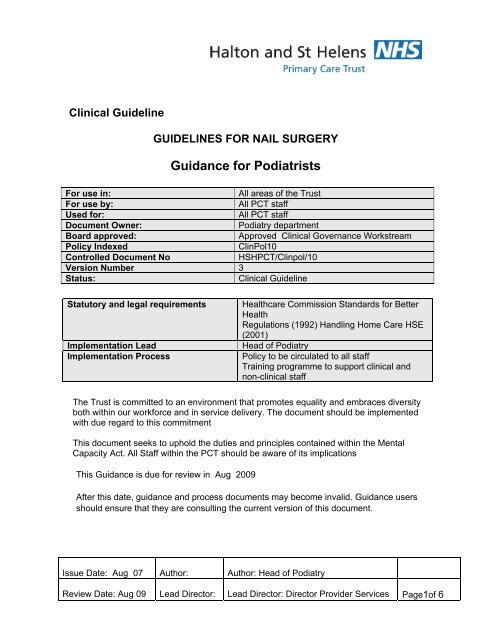 Guidance For Podiatrists - Halton and St Helens PCT