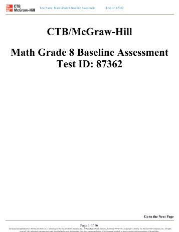 CTB/McGraw-Hill Math Grade 8 Baseline Assessment Test ID: 87362