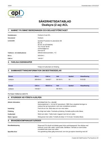 SÃKERHETSDATABLAD Oxalsyra (2 aq) ACL - Apoteket