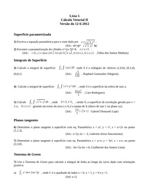 Lista 5 CÃ¡lculo Vetorial II VersÃ£o do 12-6-2012 SuperfÃ­cie ... - Unesp