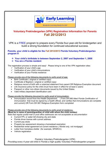 (VPK) Registration Information - Early Learning Coalition of ...