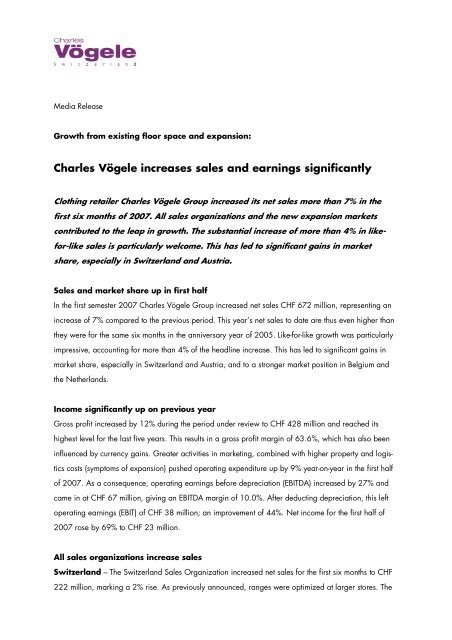 Charles Vögele increases sales and earnings significantly