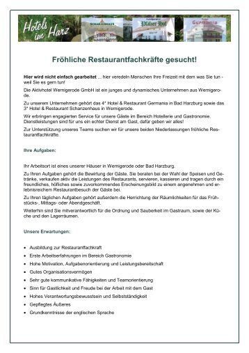 Restaurantfachkraft / Servicekraft in Wernigerode - Hotels im Harz