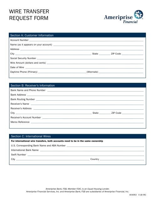 WIRE TRANSFER REQUEST FORM - Ameriprise Financial