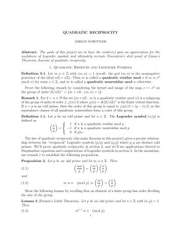 Quadratic Reciprocity - Department of Mathematics