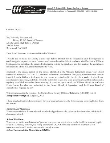 Williams Settlement Report Cover Letter