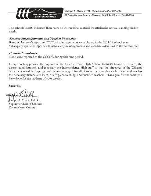 Williams Settlement Report Cover Letter