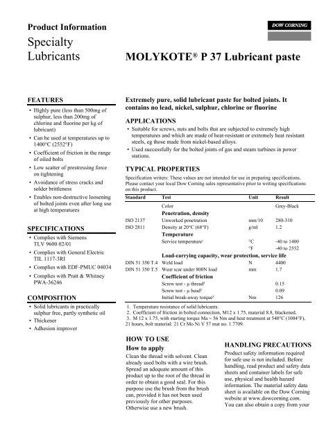 MOLYKOTEÂ® P 37 Lubricant paste - FirstPower Group LLC