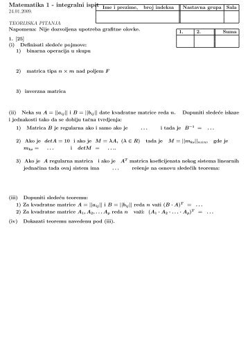 Matematika 1 - integralni ispit