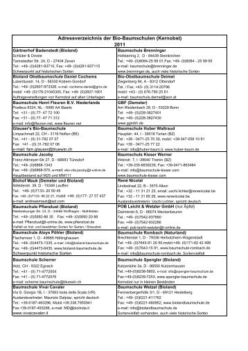 Adressverzeichnis der Bio-Baumschulen (Kernobst) 2011