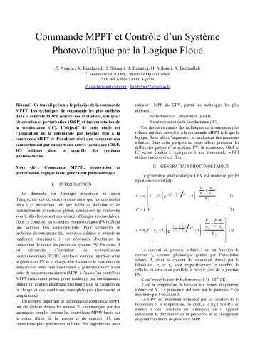 Commande MPPT et Contrôle d'un Système Photovoltaïque par la ...