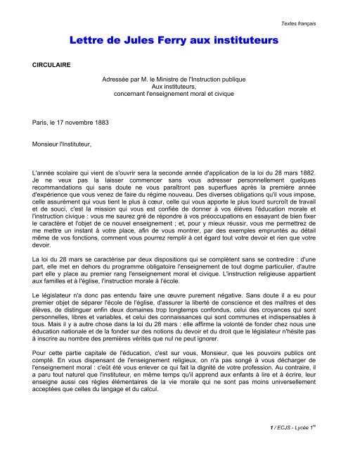 Lettre de Jules Ferry aux instituteurs