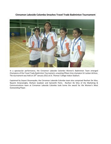 Cinnamon Lakeside Colombo Smashes Travel Trade Badminton ...