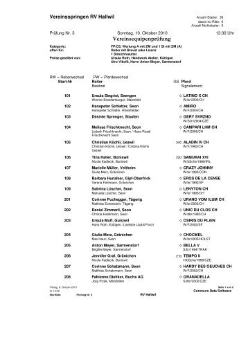 Startliste Prüfung 3 - RV Hallwil