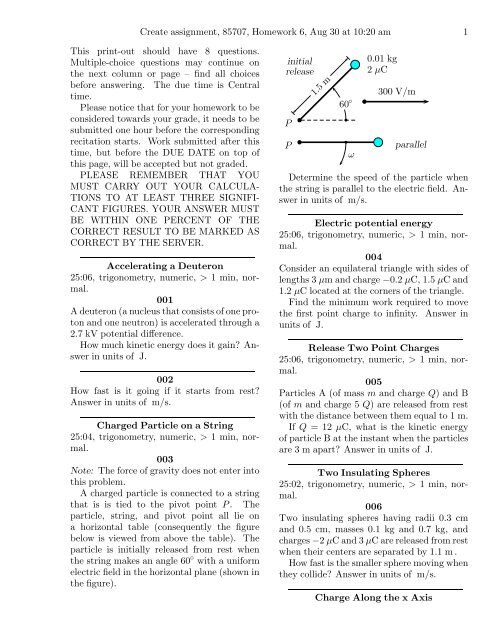 Create assignment, 85707, Homework 6, Aug 30 at ... - Web Physics