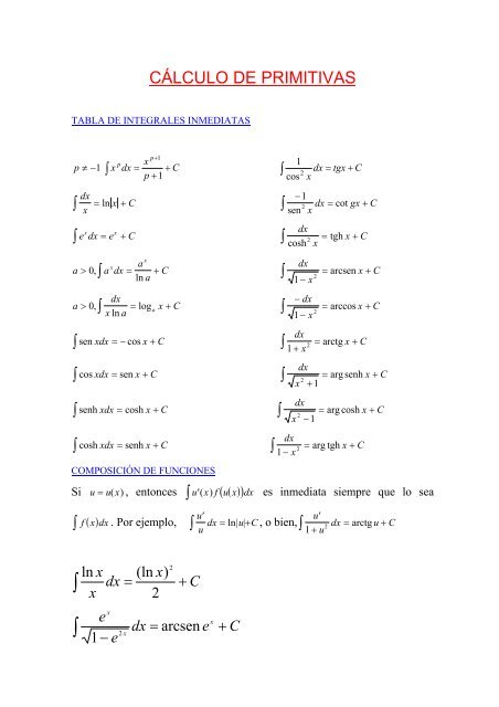 TABLA DE INTEGRALES INMEDIATAS: Para ... - maristascoruna