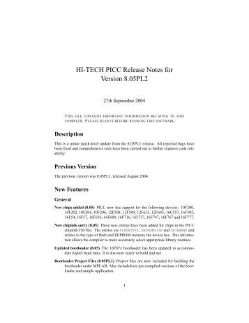 HI-TECH PICC Release Notes for Version 8.05PL2