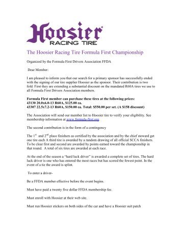 The Hoosier Racing Tire Formula First Championship