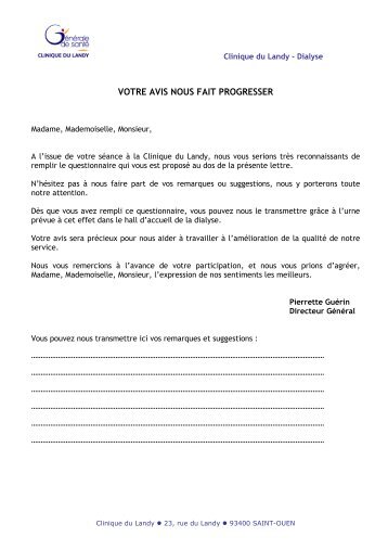 Questionnaire de satisfaction patient dialyse Landy-2012