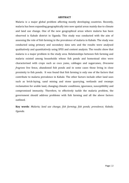 A case study of fish farming impacts on malaria prevalence in - lumes