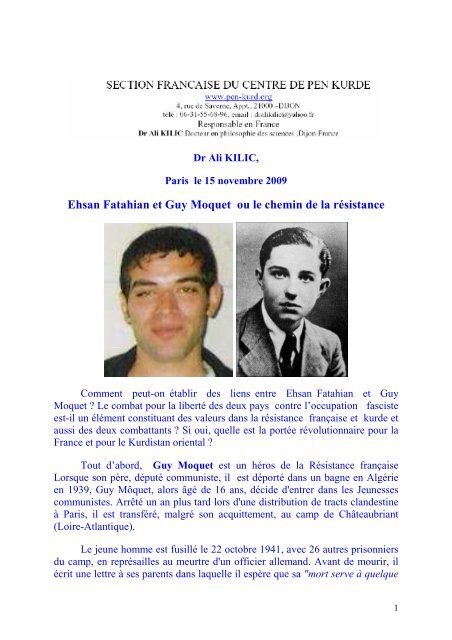 Ehsan Fatahian Et Guy Moquet Ou Le Chemin De Ra C Sistance Pen Kurd