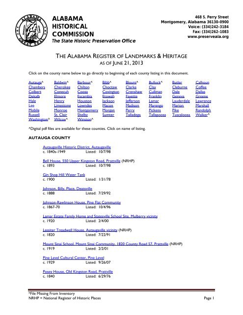 list of properties in the Alabama Register - Alabama Historical ...