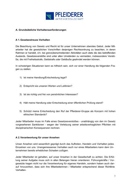 Business Conduct Guidelines der Pfleiderer-Gruppe - Pfleiderer AG