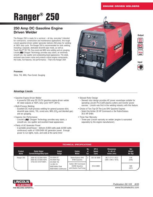 Engine Driven Welders: Ranger 250 - semirca, ca