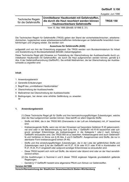 TRGS 150 - Staatliche Gewerbeaufsicht Baden-Württemberg