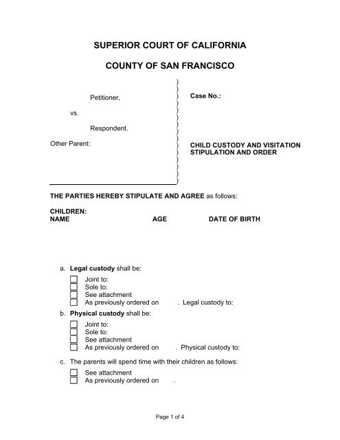 Child Custody and Visitation Stipulation and Order Superior Court Child Custody and Visitation Stipulation and Order Superior Court